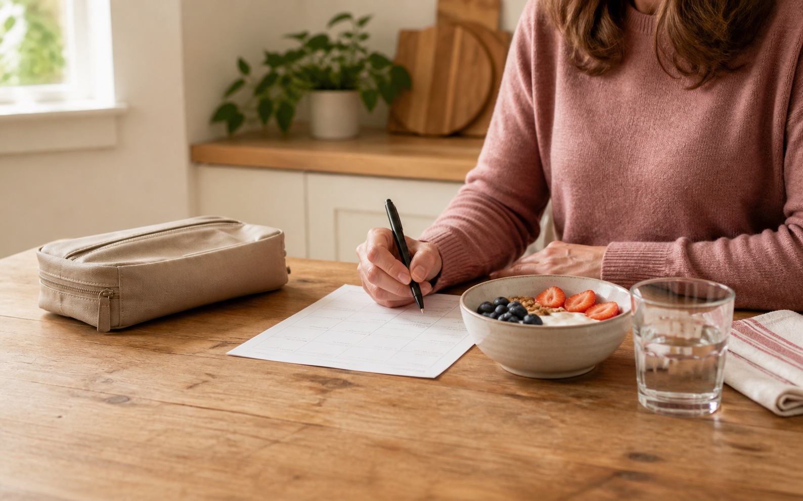 Patient planning a simple meal with a bowl of yogurt and berries, water, and a paper weekly planner
